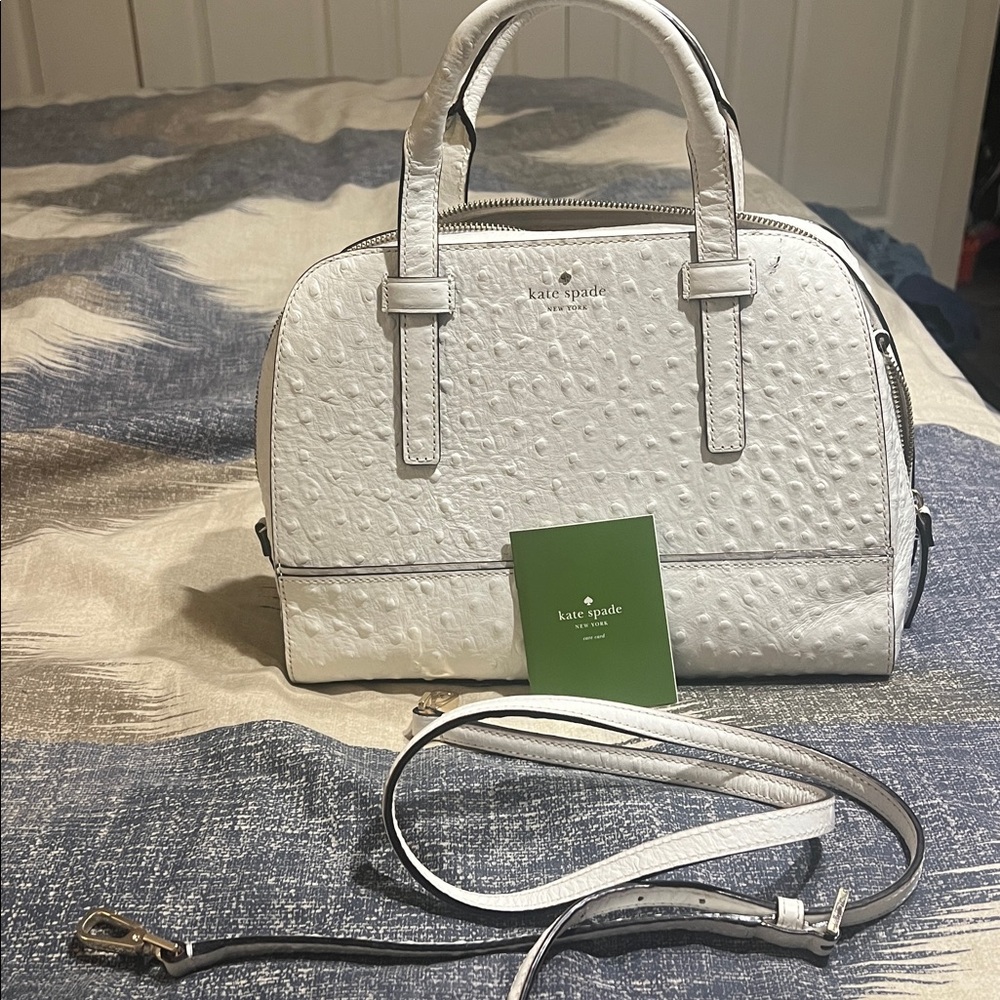 Kate Spade Riverside White Ostrich Leather Satchel Crossbody Bag Like New